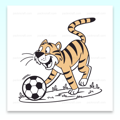 Illustration d'un tigre jouant au ballon, idéale pour projets créatifs et éducatifs.