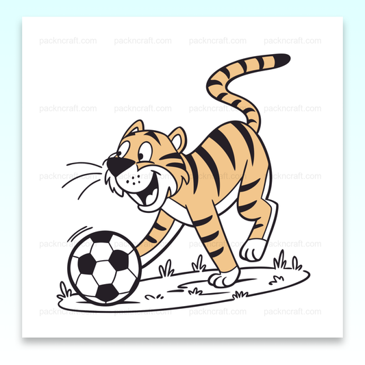 Illustration d'un tigre jouant au ballon, idéale pour projets créatifs et éducatifs.