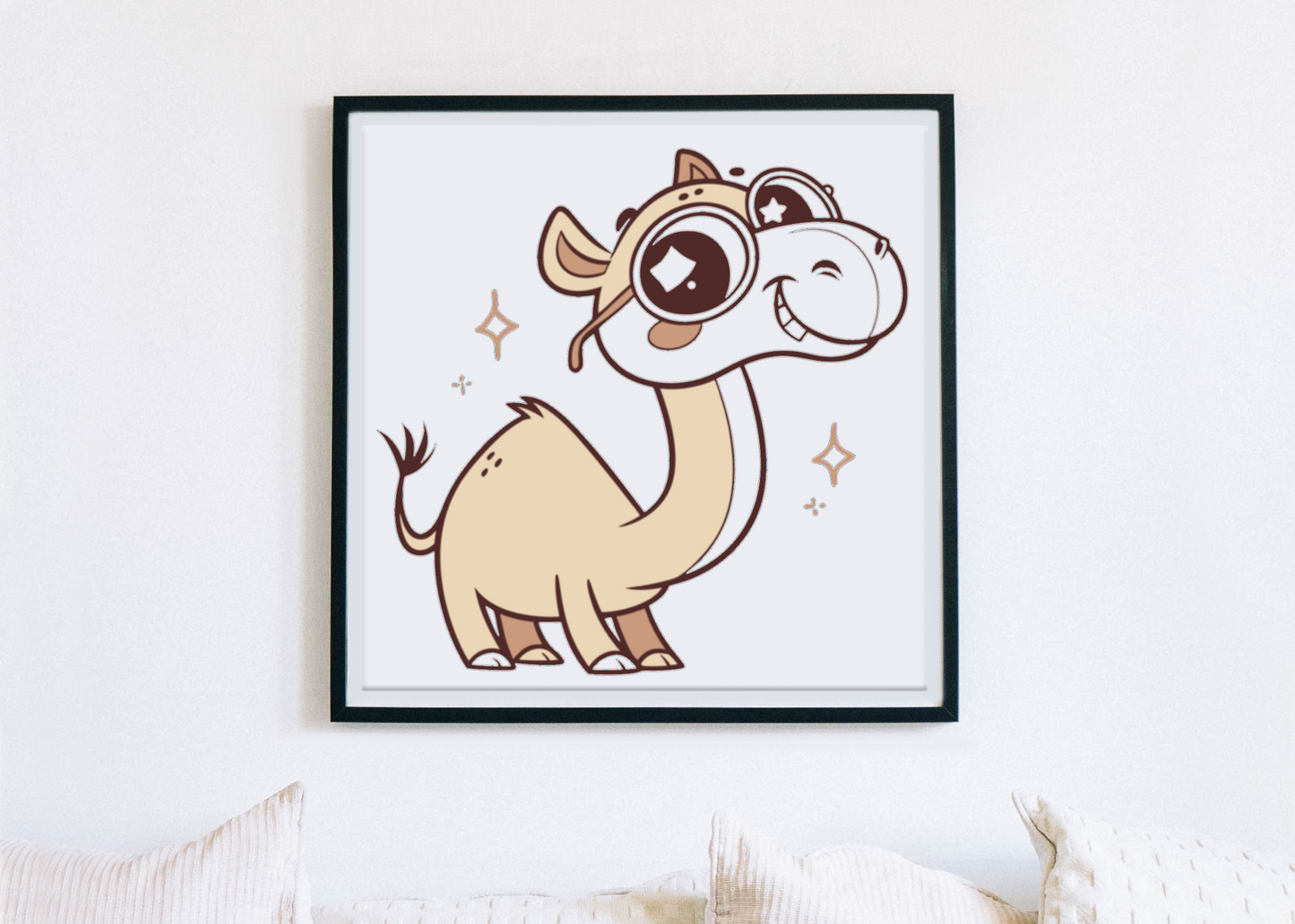 Cadre enfantin avec chameau joyeux portant des lunettes dans un style kawaii couleur pastel