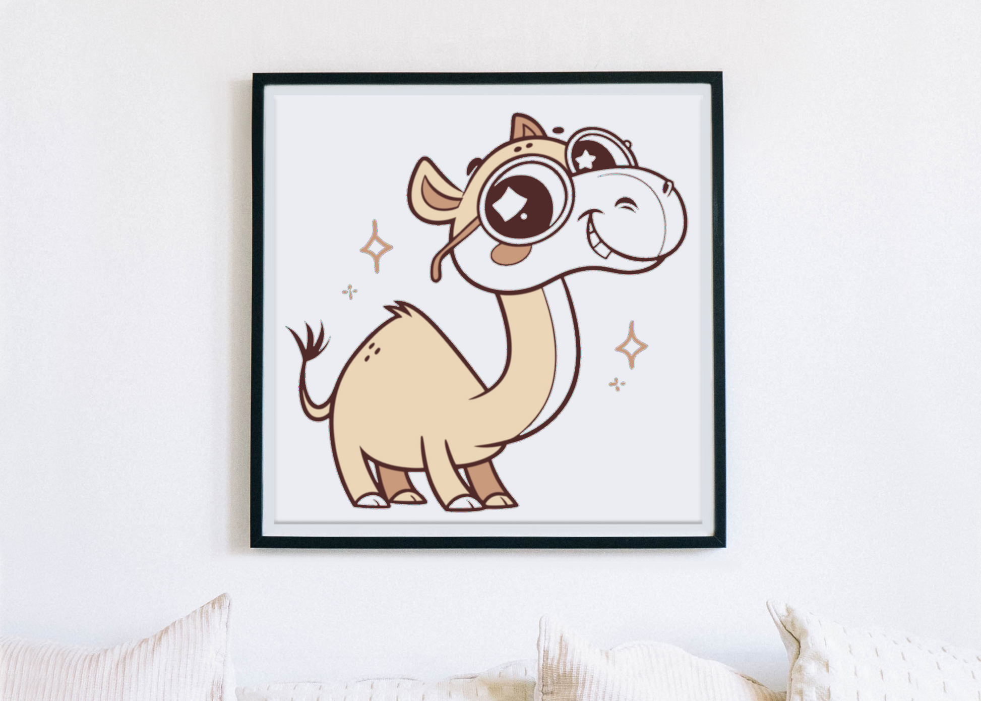 Cadre enfantin avec chameau joyeux portant des lunettes dans un style kawaii couleur pastel