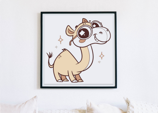 Cadre enfantin avec chameau joyeux portant des lunettes dans un style kawaii couleur pastel