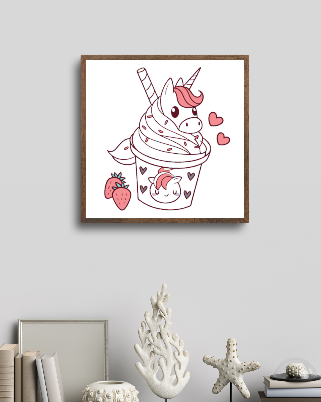 Cadre décoratif avec licorne kawaii et dessert fantaisie en style coloré et joyeux