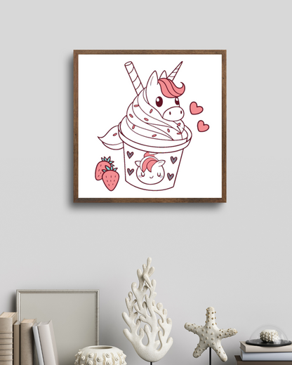 Cadre décoratif avec licorne kawaii et dessert fantaisie en style coloré et joyeux