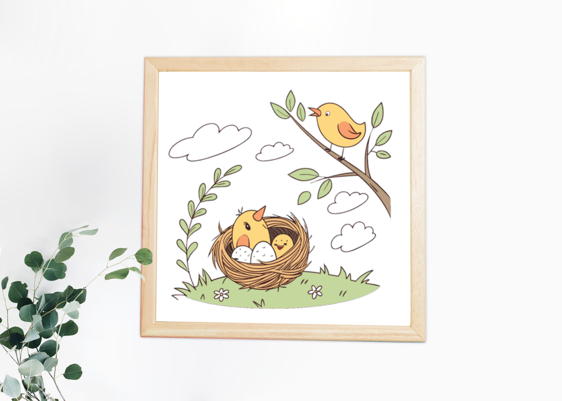 Cadre décoratif avec un oiseau vibrant sur branche, ambiance nature printanière