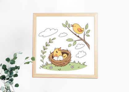 Cadre décoratif avec un oiseau vibrant sur branche, ambiance nature printanière