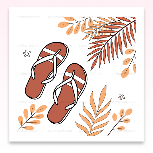 Illustration stylisée de tongs et feuillage tropical pour projets d'été.