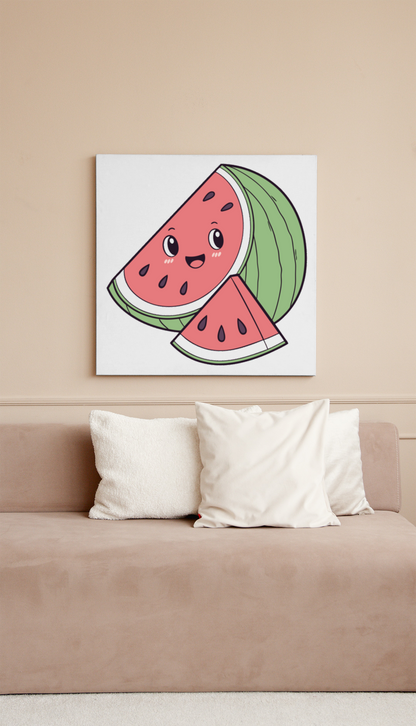Cadre décoratif avec pastèque kawaii colorée sur fond estival