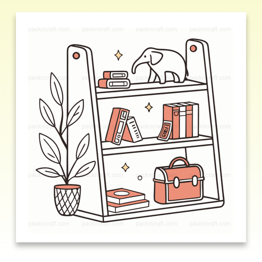 Illustration d'une étagère minimaliste avec un éléphant et des livres, idéale pour le décor de bureau.