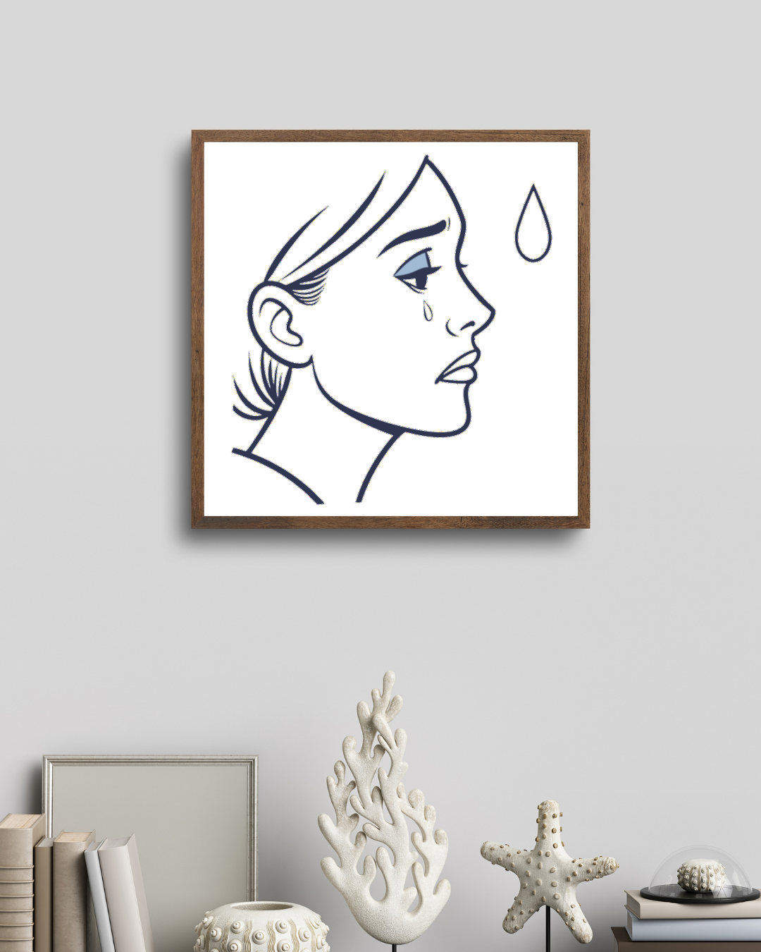Cadre affichant un visage triste en style linéaire pour une déco expressive
