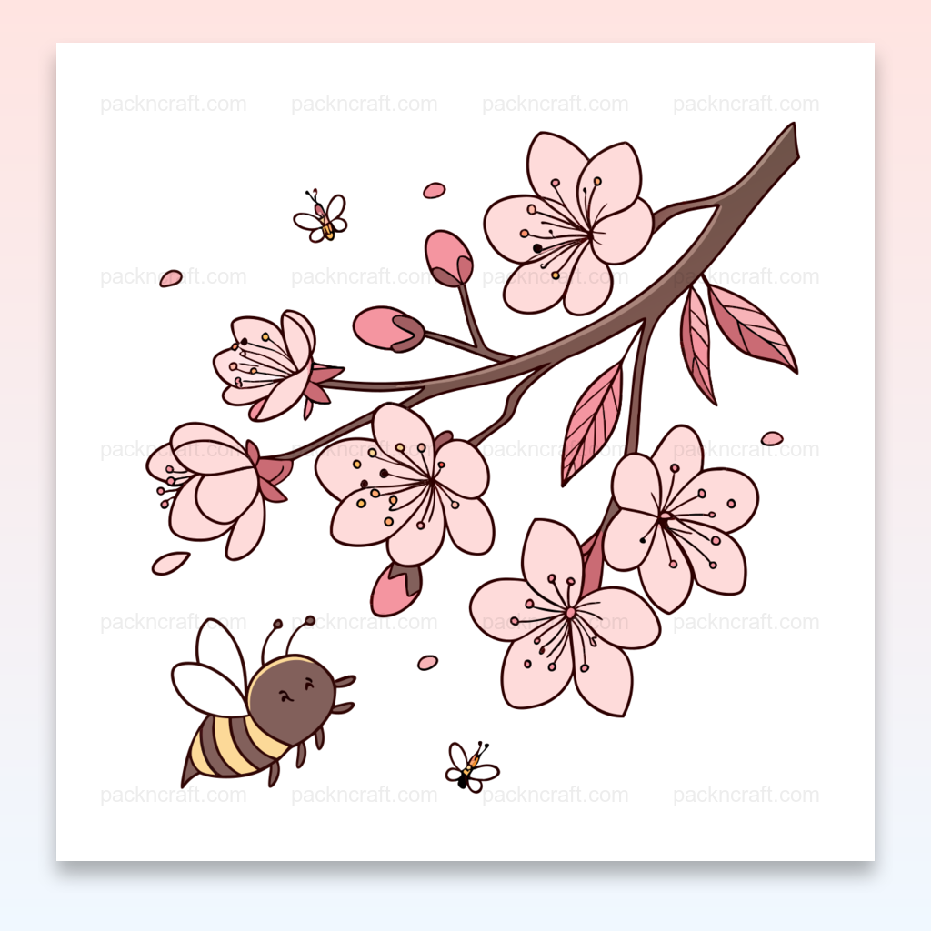 Illustration printanière d'une abeille curieuse et fleurs de cerisier en SVG vectoriel