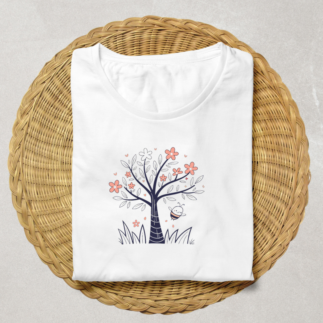 T-shirt orné d'une abeille enjouée près d'un arbre fleuri déco printemps