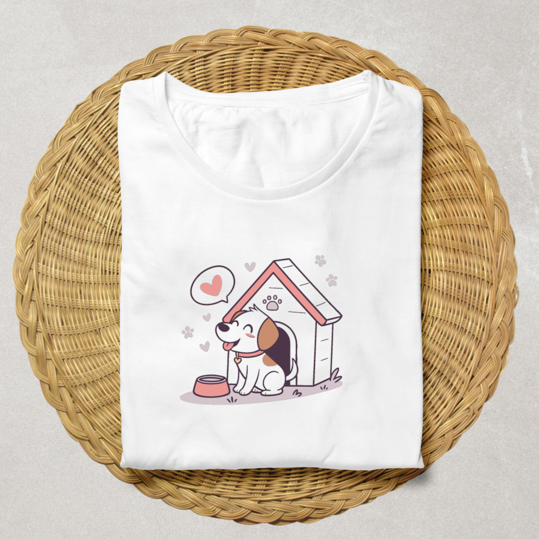 T-shirt avec un chien kawaii joyeux sous sa niche compagnon adorable