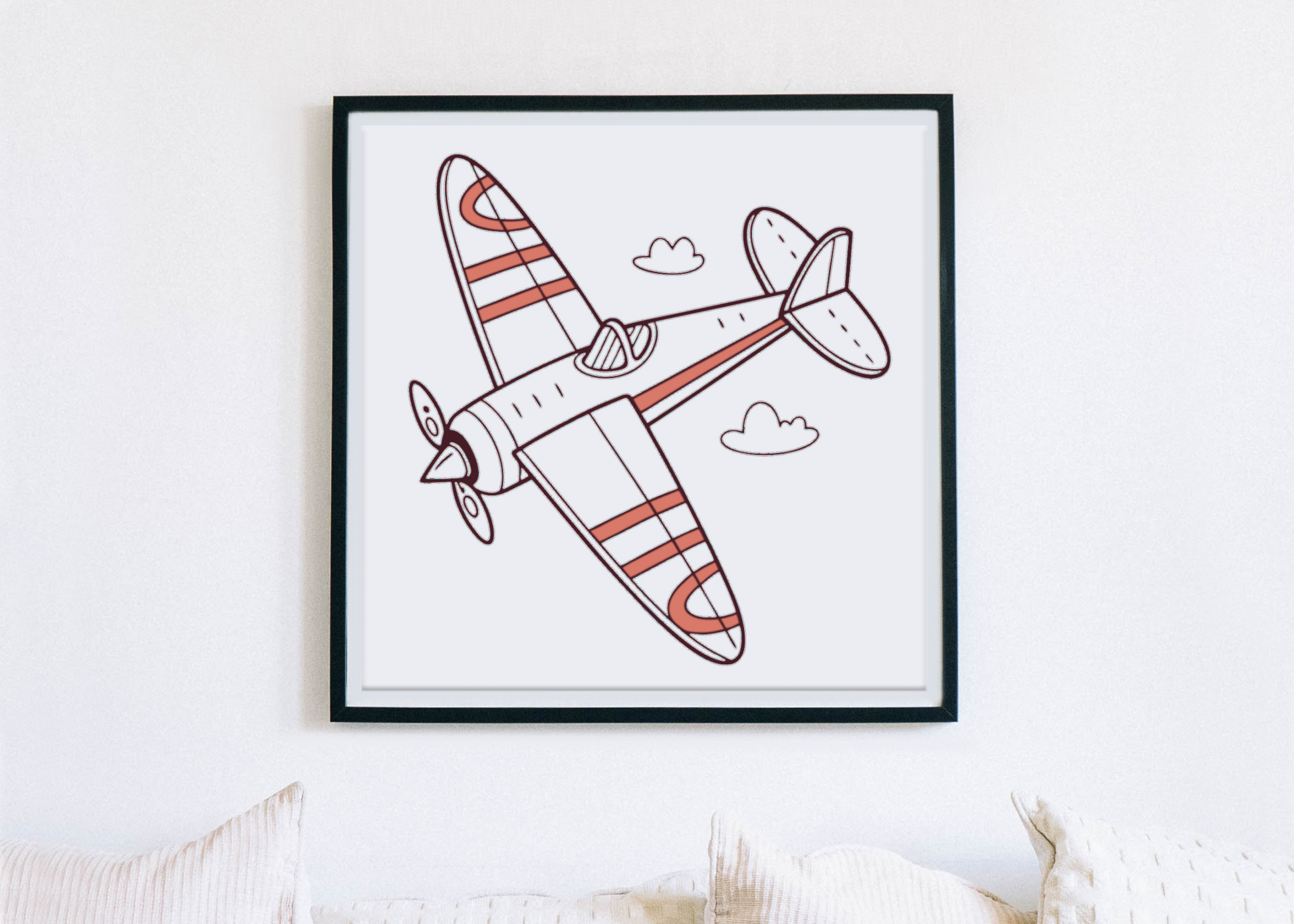 Cadre artistique avec avion coloré en vol, style flat, évoquant une aventure aérienne