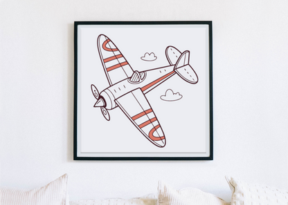 Cadre artistique avec avion coloré en vol, style flat, évoquant une aventure aérienne