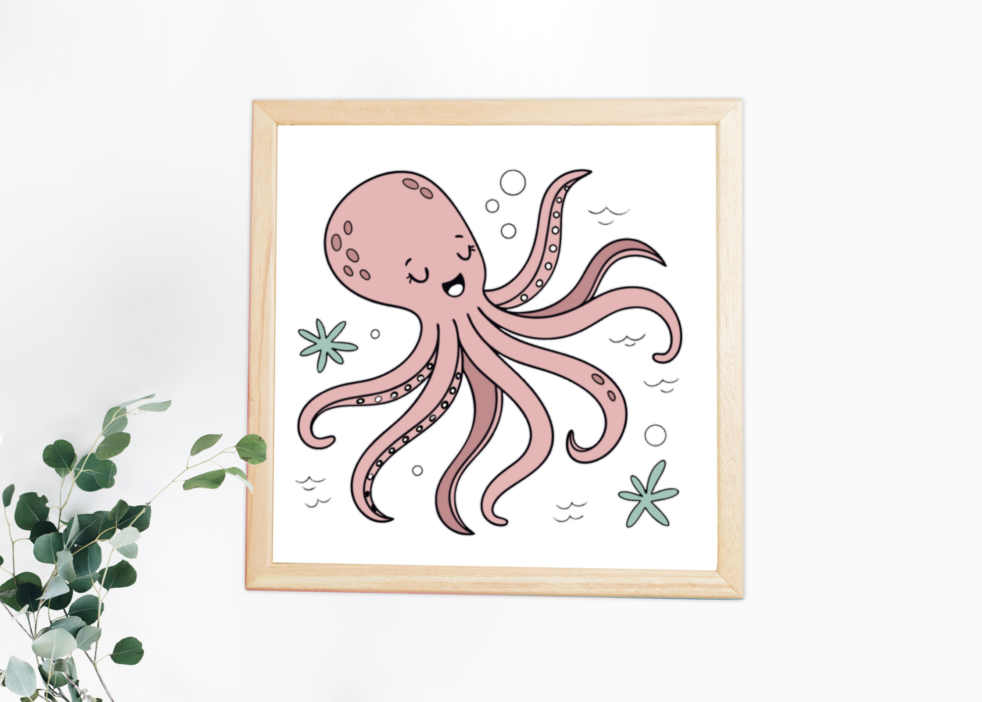 Cadre avec poulpe souriant dans tons pastel, parfait pour décor océanique