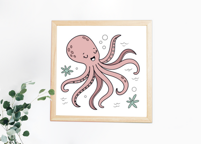 Cadre avec poulpe souriant dans tons pastel, parfait pour décor océanique
