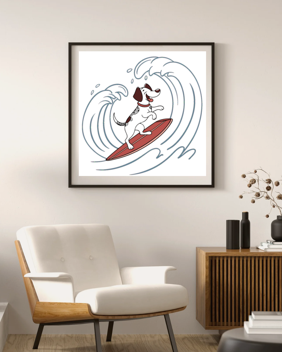 Cadre montrant un chien joyeux sur une planche de surf dans un style cartoon vibrant
