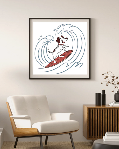 Cadre montrant un chien joyeux sur une planche de surf dans un style cartoon vibrant