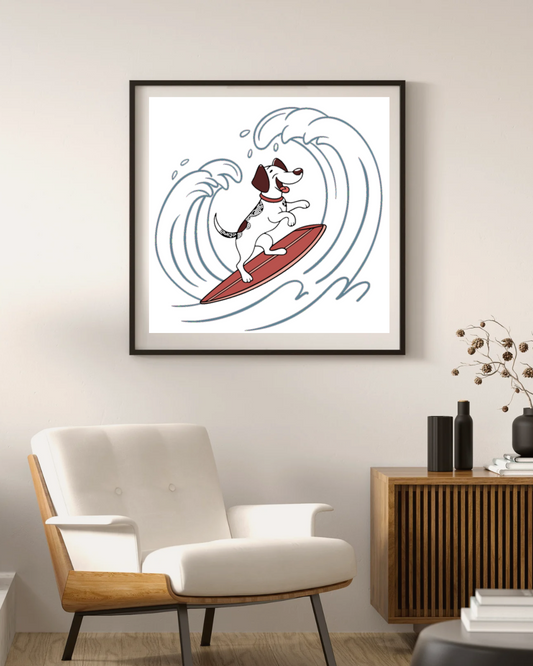 Cadre montrant un chien joyeux sur une planche de surf dans un style cartoon vibrant