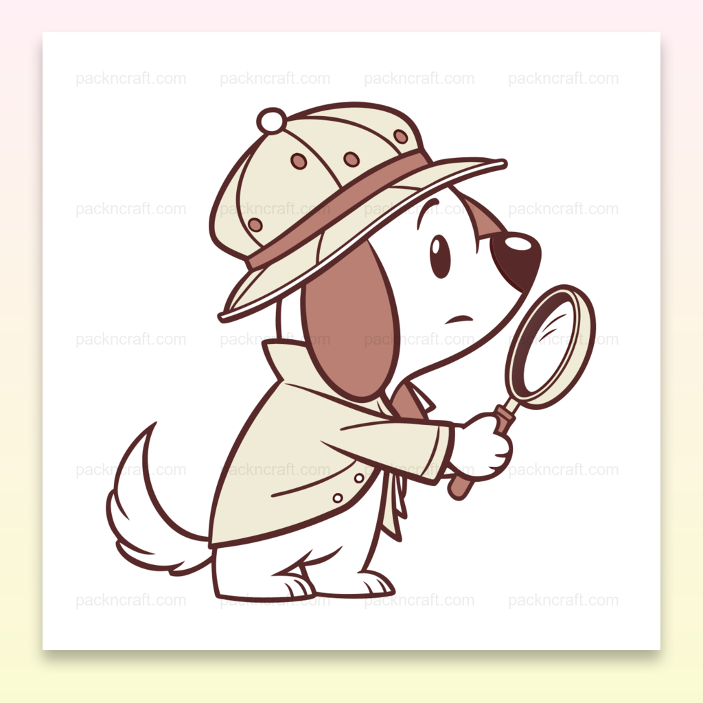 Illustration d'un chien détective mignon avec loupe, parfait pour DIY, éducatif.