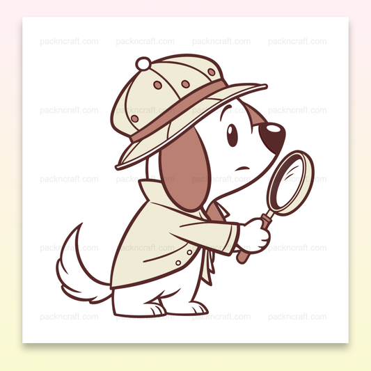 Illustration d'un chien détective mignon avec loupe, parfait pour DIY, éducatif.