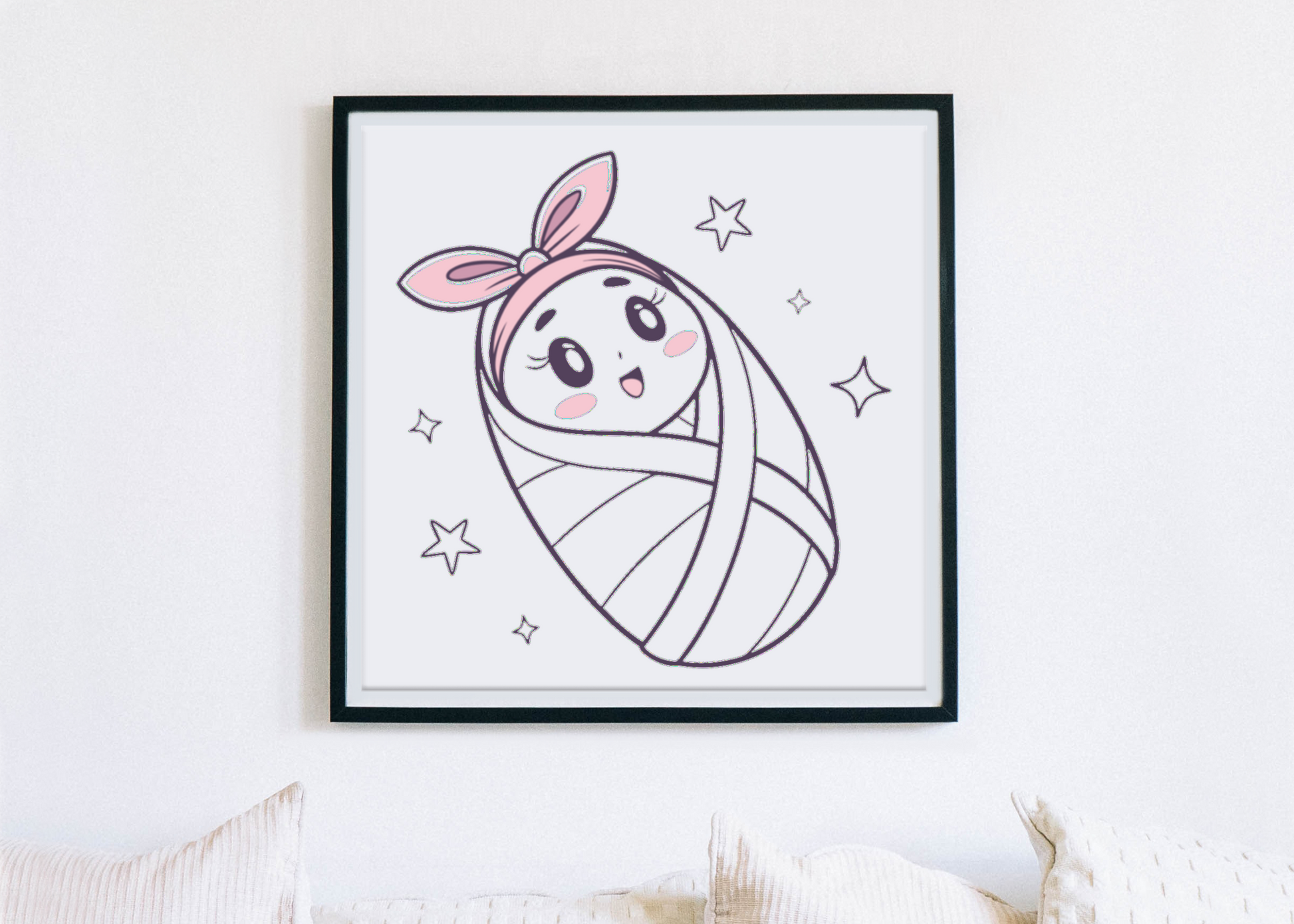 Cadre déco avec illustration bébé kawaii, ambiance douce.