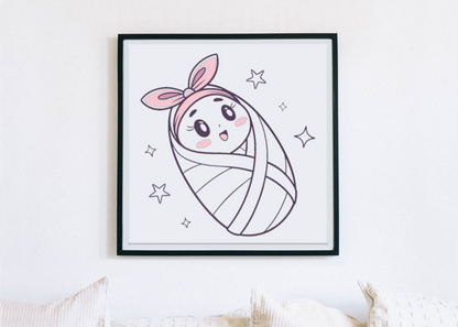 Cadre déco avec illustration bébé kawaii, ambiance douce.