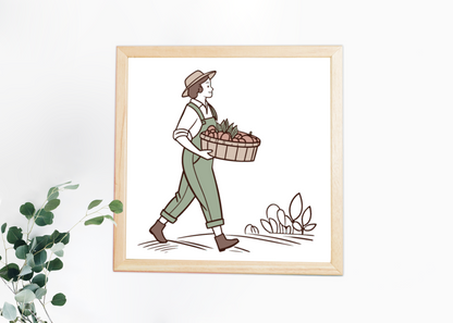 Fermière joyeuse portant légumes | SVG artistique vintage