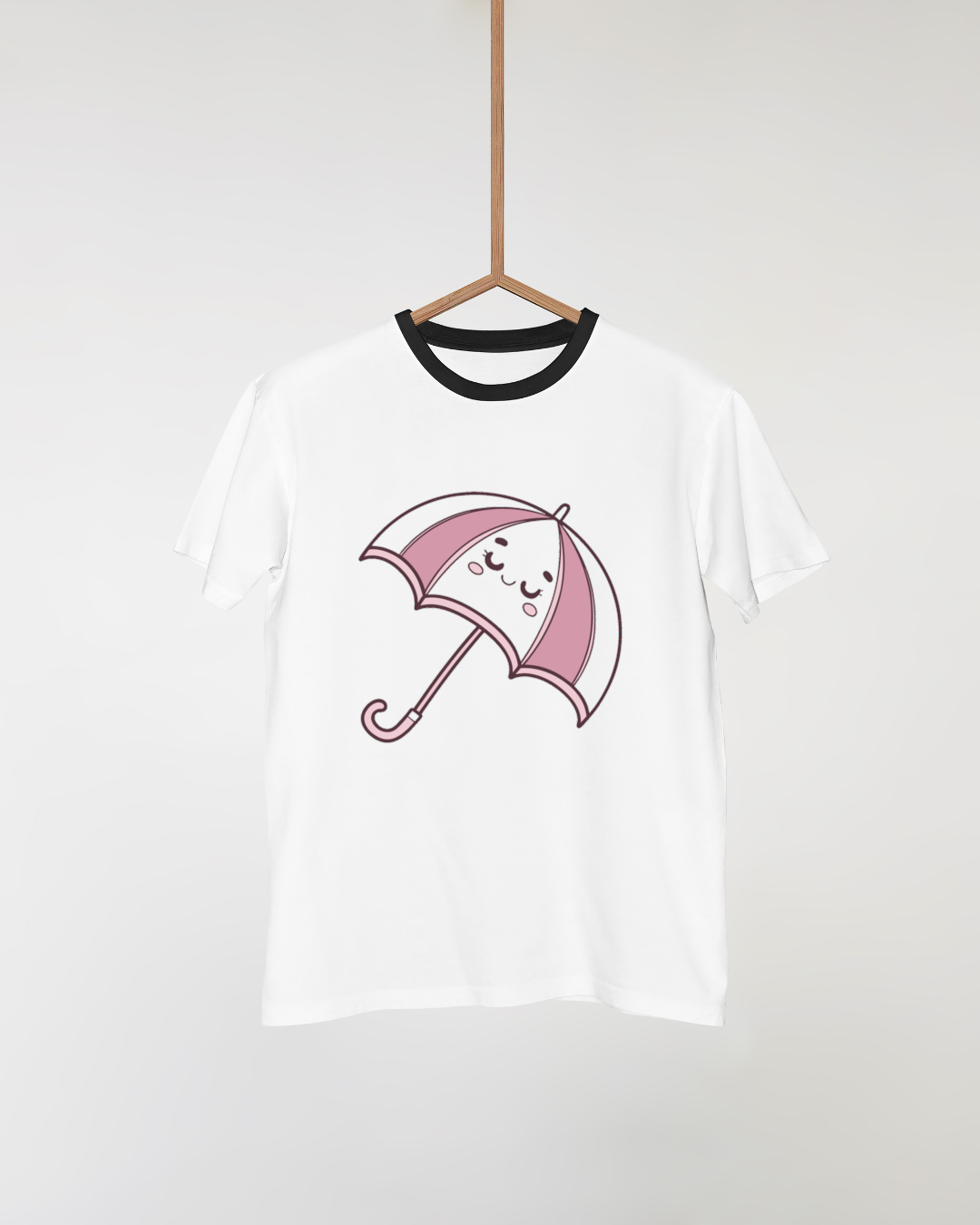 T-shirt avec motif kawaii de parapluie joyeux sur fond pluvieux