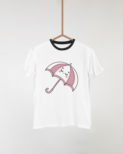 T-shirt avec motif kawaii de parapluie joyeux sur fond pluvieux
