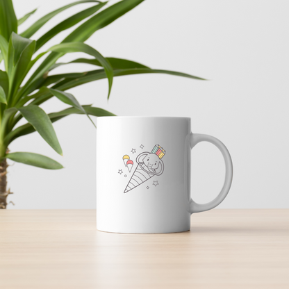 Mug avec éléphant joyeux dans cornet style minimaliste et design créatif
