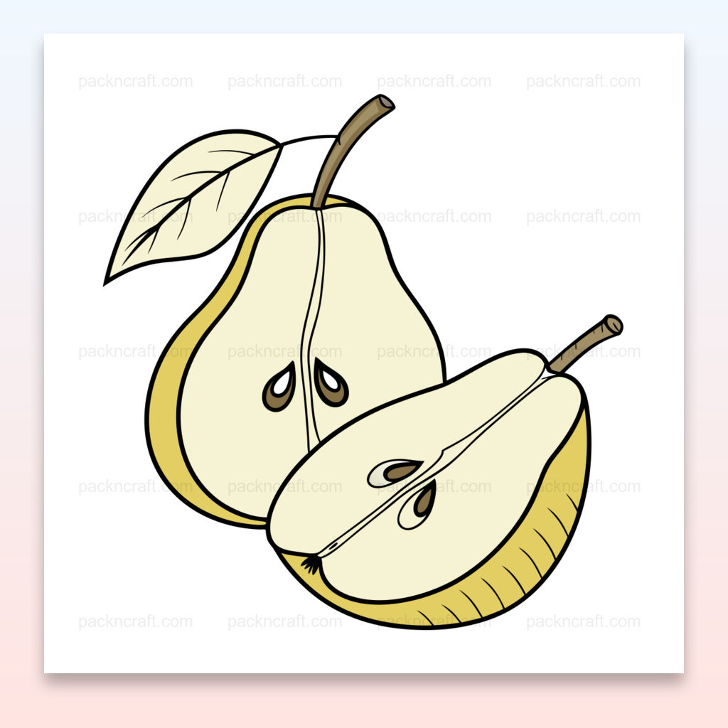 Illustration numérique d'une poire entière et de sa moitié en style vectoriel, idéale pour stickers et papeterie.