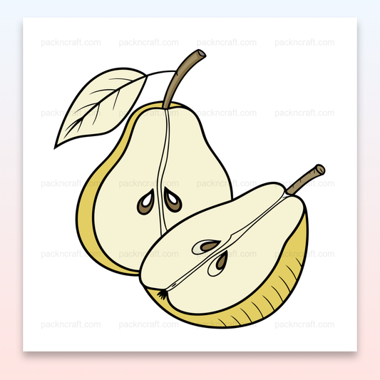 Illustration numérique d'une poire entière et de sa moitié en style vectoriel, idéale pour stickers et papeterie.