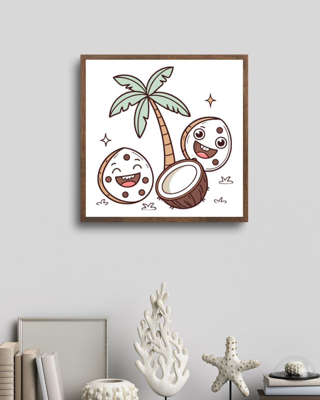 Cadre vibrant avec noix de coco cartoon joyeuses pour les aventuriers tropicaux
