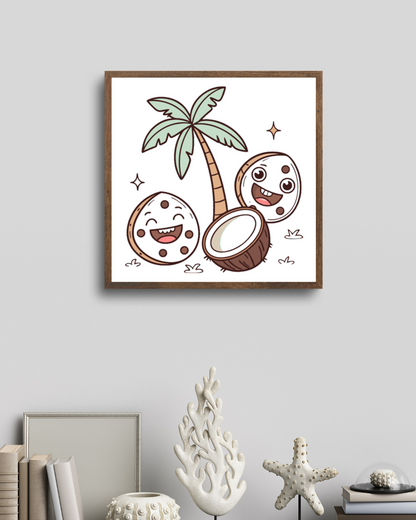 Cadre vibrant avec noix de coco cartoon joyeuses pour les aventuriers tropicaux