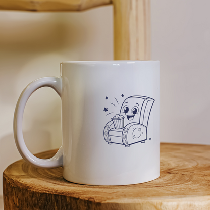 Mug blanc orné d'un fauteuil souriant avec popcorn style enfantin cinéma