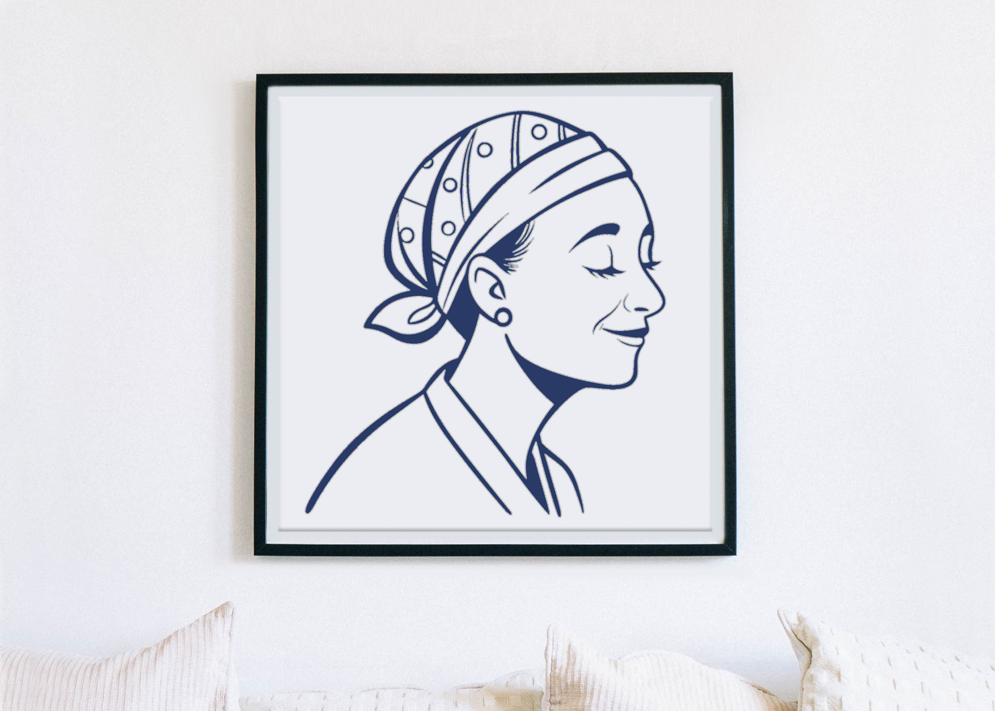 Cadre décoratif vintage avec femme en bandana souriante monochrome