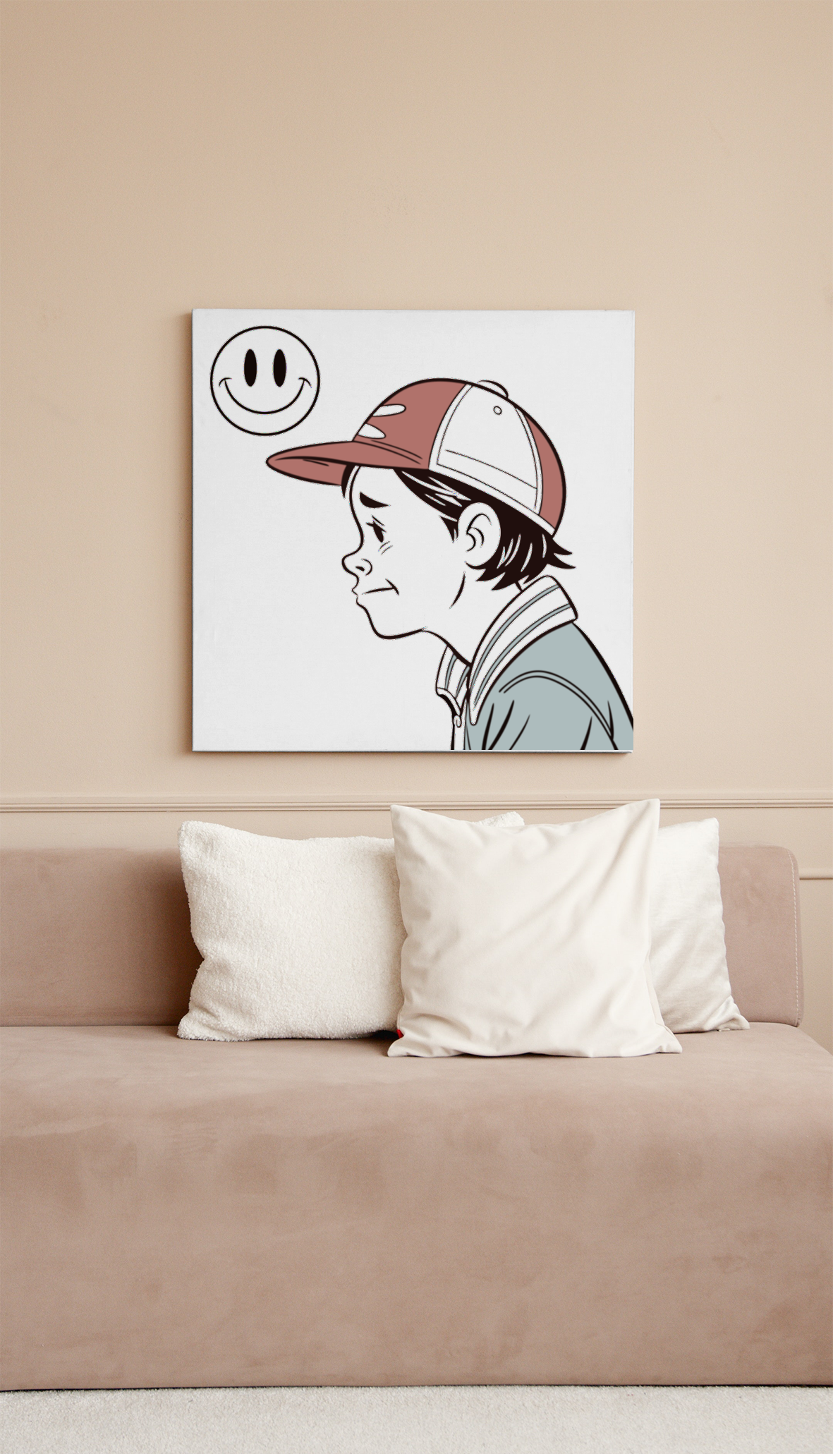 Cadre rétro avec un garçon pensif en cartoon épuré portant une casquette