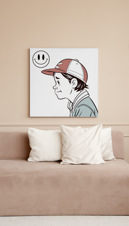 Cadre rétro avec un garçon pensif en cartoon épuré portant une casquette