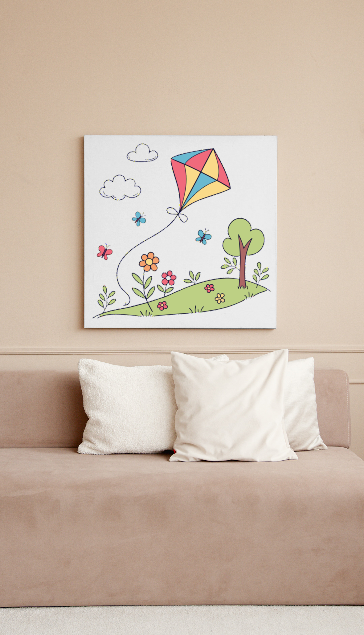 Cadre avec cerf-volant coloré style doodle pour un printemps enjoué