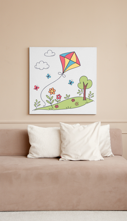 Cadre avec cerf-volant coloré style doodle pour un printemps enjoué