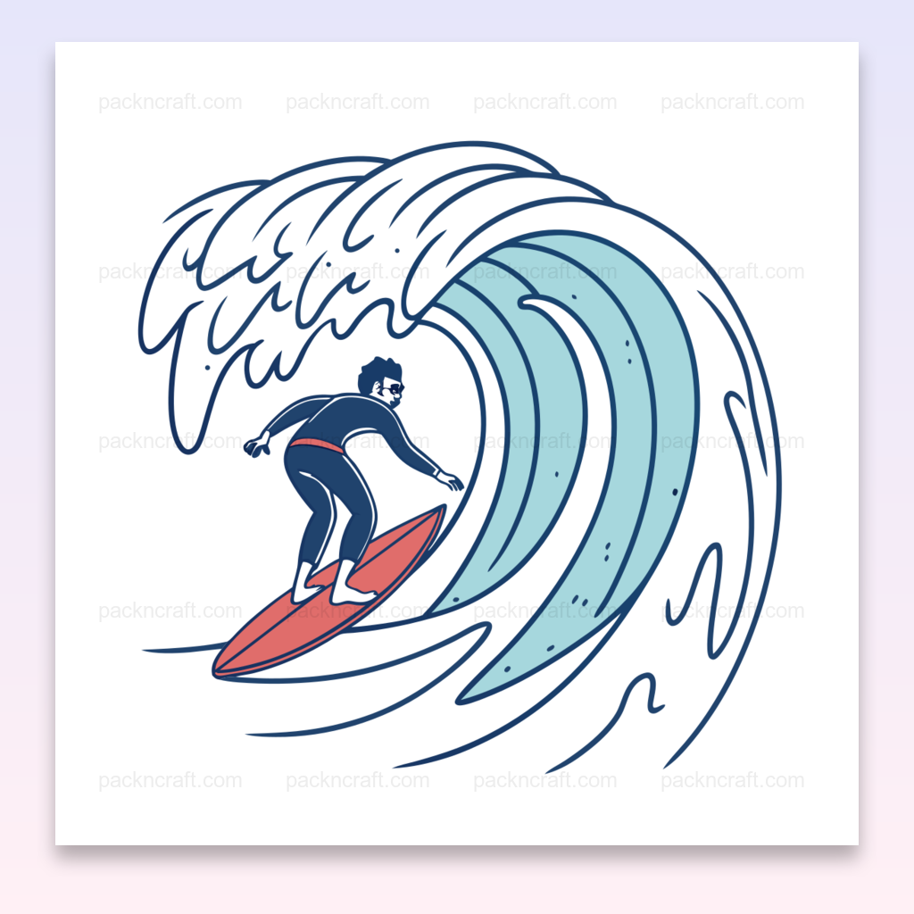 Illustration minimaliste d'un surfer sur une vague, style océan, fichier numérique disponible.