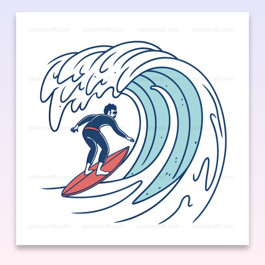 Illustration minimaliste d'un surfer sur une vague, style océan, fichier numérique disponible.