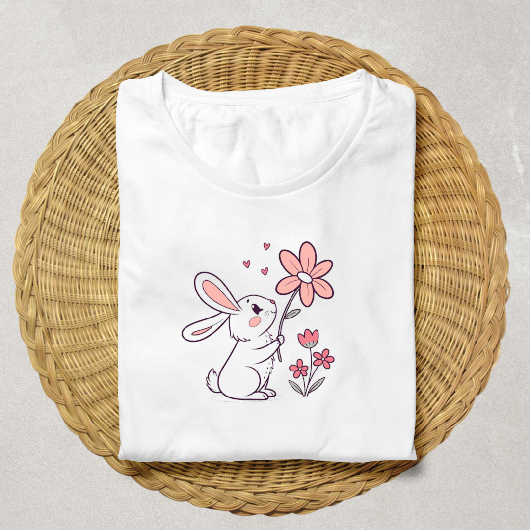 T-shirt avec lapin émerveillé printanier tenant une fleur