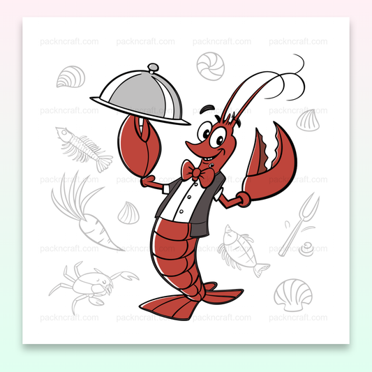Illustration d'un homard joyeux en costume de serveur, idéale pour des projets marins et éducatifs