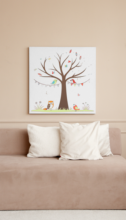 Cadre moderne avec motif pastel d'oiseaux joyeux en forêt calme et apaisante