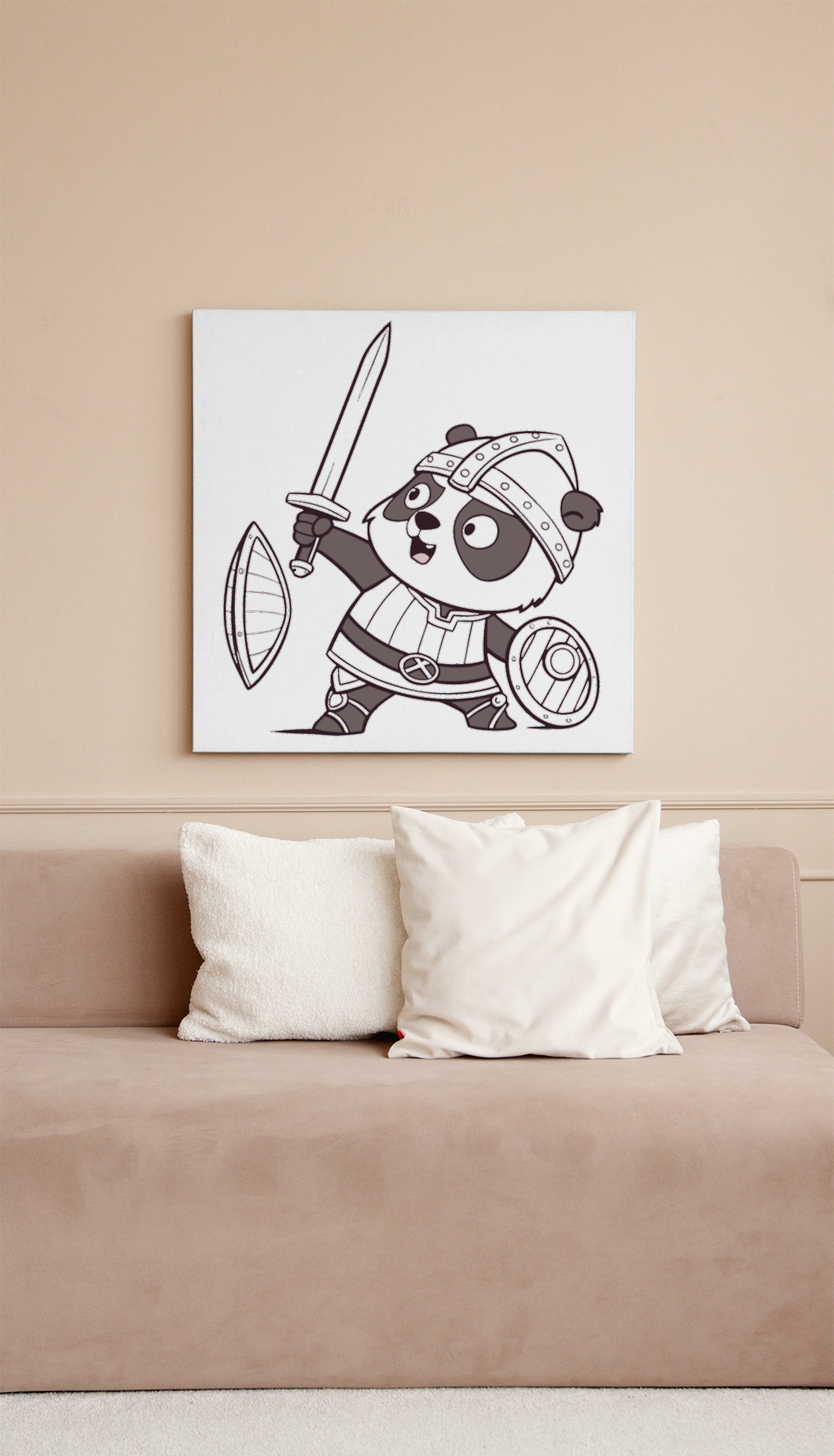 Cadre avec panda chevalier ludique en plein action, thème fantaisie vibrant
