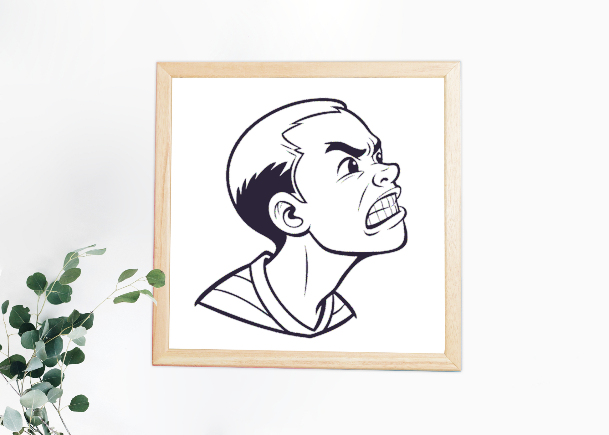 Cadre minimaliste avec visage fâché expressif sur fond blanc