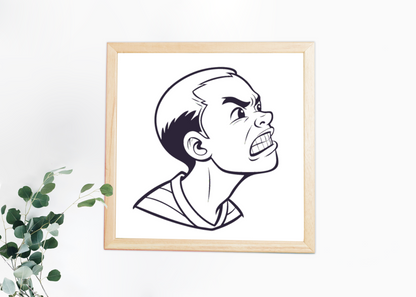 Cadre minimaliste avec visage fâché expressif sur fond blanc