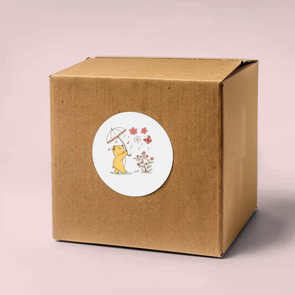 Sticker vibrant avec ours joyeux et parapluie coloré en style numérique doux